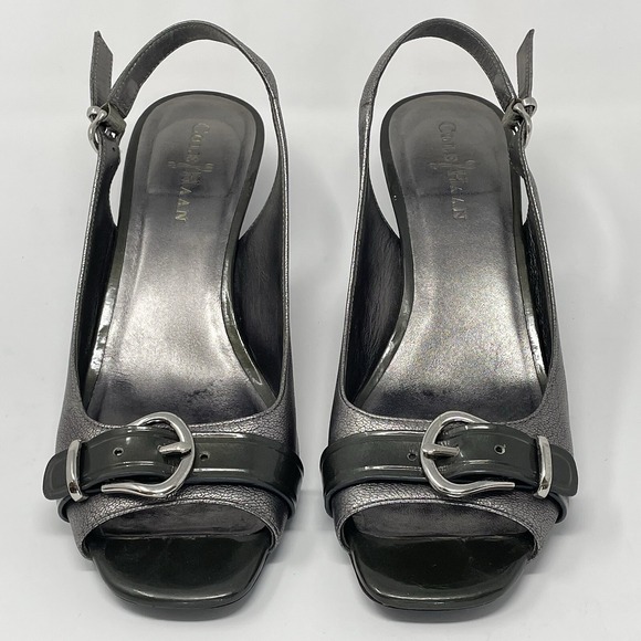 COLE HAAN Air Silver Slingback Open Toe Buckle Sandals‎ Heels D36499 Size 7.5 B - Picture 1 of 15